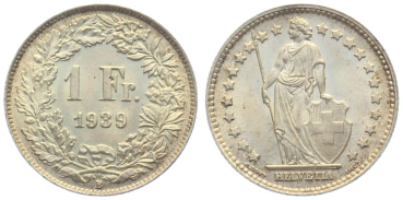 Preview: 1 Franken 1939 B - fast stempelglanz - Patina
