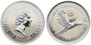 Preview: Australien 1 Dollar 1996 Kookaburra - 1 Unze Feinsilber - Privymark "Great Britan"