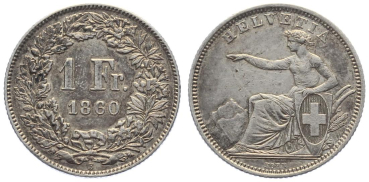 Preview: Schweiz 1 Franken 1860 B - sitzende Helvetia