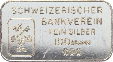 Preview: 100 Gramm Silberbarren Schweizerischer Bankverein - Johnson Matthey London Preview: 100 Gramm Silberbarren Schweizerischer Bankverein - Johnson Matthey London
