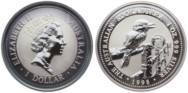 Preview: Australien 1 Dollar 1996 Kookaburra - 1 Unze Feinsilber - Privymark "Austria"