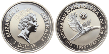 Preview: Australien 1 Dollar 1996 Kookaburra - 1 Unze Feinsilber - Privymark "Belgium"