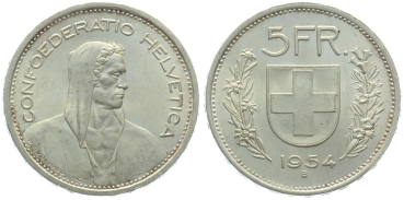 5 Franken 1954 B - fast unzirkuliert