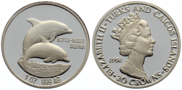 Turks & Caicos 20 Crowns 1998 - Delphin - 1 Unze Feinsilber