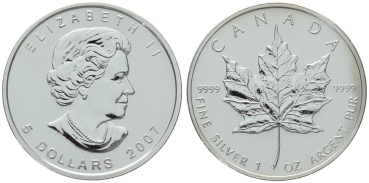 Kanada 5 Dollars 2007 Maple Leaf - 1 Unze Feinsilber