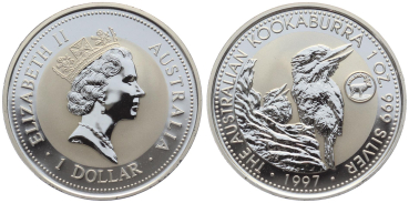Preview: Australien 1 Dollar 1997 Kookaburra - 1 Unze Feinsilber - Privymark "Finnland"