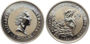 Preview: Australien 1 Dollar 1997 Kookaburra - 1 Unze Feinsilber - Privymark "Portugal"