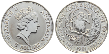 Australien 5 Dollar 1991 Kookaburra - 1 Unze Feinsilber