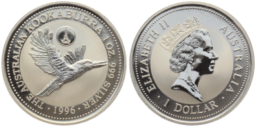 Preview: Australien 1 Dollar 1996 Kookaburra - 1 Unze Feinsilber - Privymark "France"