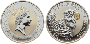 Preview: Australien 1 Dollar 1997 Kookaburra - 1 Unze Feinsilber - Privymark "Th. Edison"