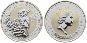 Preview: Australien 1 Dollar 1997 Kookaburra - 1 Unze Feinsilber - Privymark "Italy"