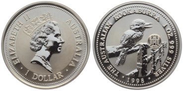Preview: Australien 1 Dollar 1998 Kookaburra - 1 Unze Feinsilber - Privymark "Spain"