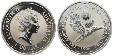 Preview: Australien 1 Dollar 1996 Kookaburra - 1 Unze Feinsilber - Privymark "Germany"