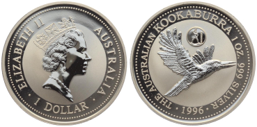 Preview: Australien 1 Dollar 1996 Kookaburra - 1 Unze Feinsilber - Privymark "Griechenland"