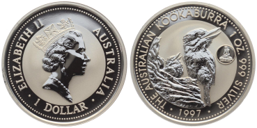 Preview: Australien 1 Dollar 1997 Kookaburra - 1 Unze Feinsilber - Privymark "Dänemark"