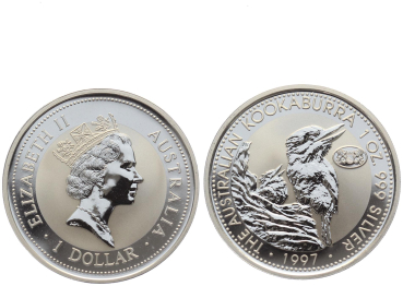 Preview: Australien 1 Dollar 1997 Kookaburra - 1 Unze Feinsilber - Privymark "Zürich"