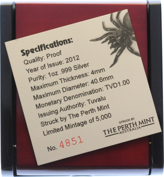 Tuvalu 1 Dollar 2012 - 1 Unze Feinsilber - Australien Funnel Web Spider