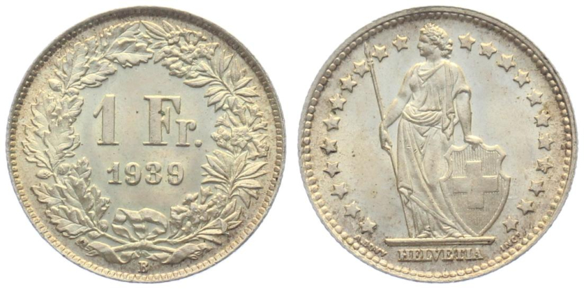 1 Franken 1939 B - fast stempelglanz - Patina