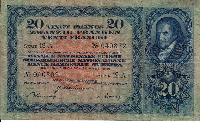 Schweiz 20 Franken Banknote Heinrich Pestalozzi