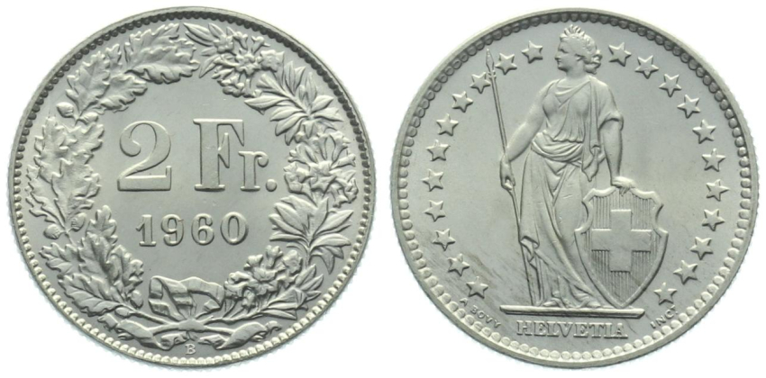 2 Franken 1960 B - fast stempelglanz