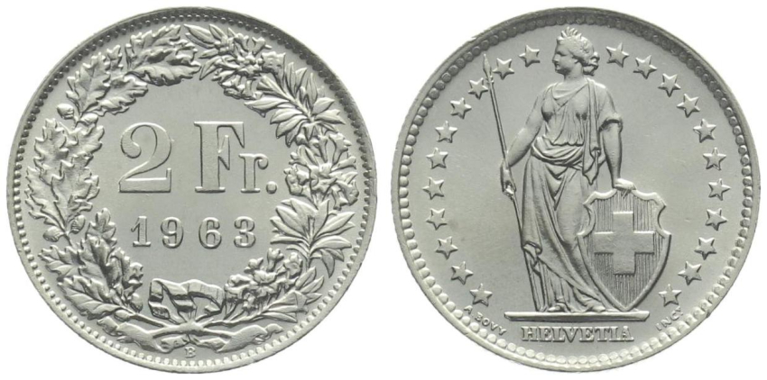 2 Franken 1963 B - fast stempelglanz