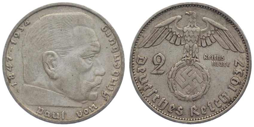 3. Reich 2 Mark 1937 A - Adler über Hakenkreuz