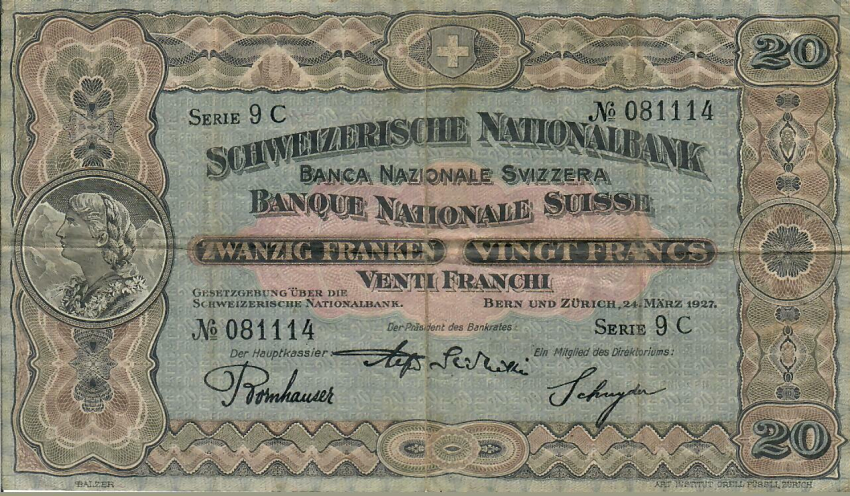 Schweizer 20 Franken Vreneli Banknote historische Ausgabe